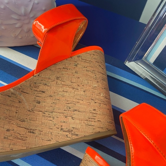 Neon orange cork BCBGENERATION platform wedge heel ankle strap sandals sz 10 - Picture 15 of 15